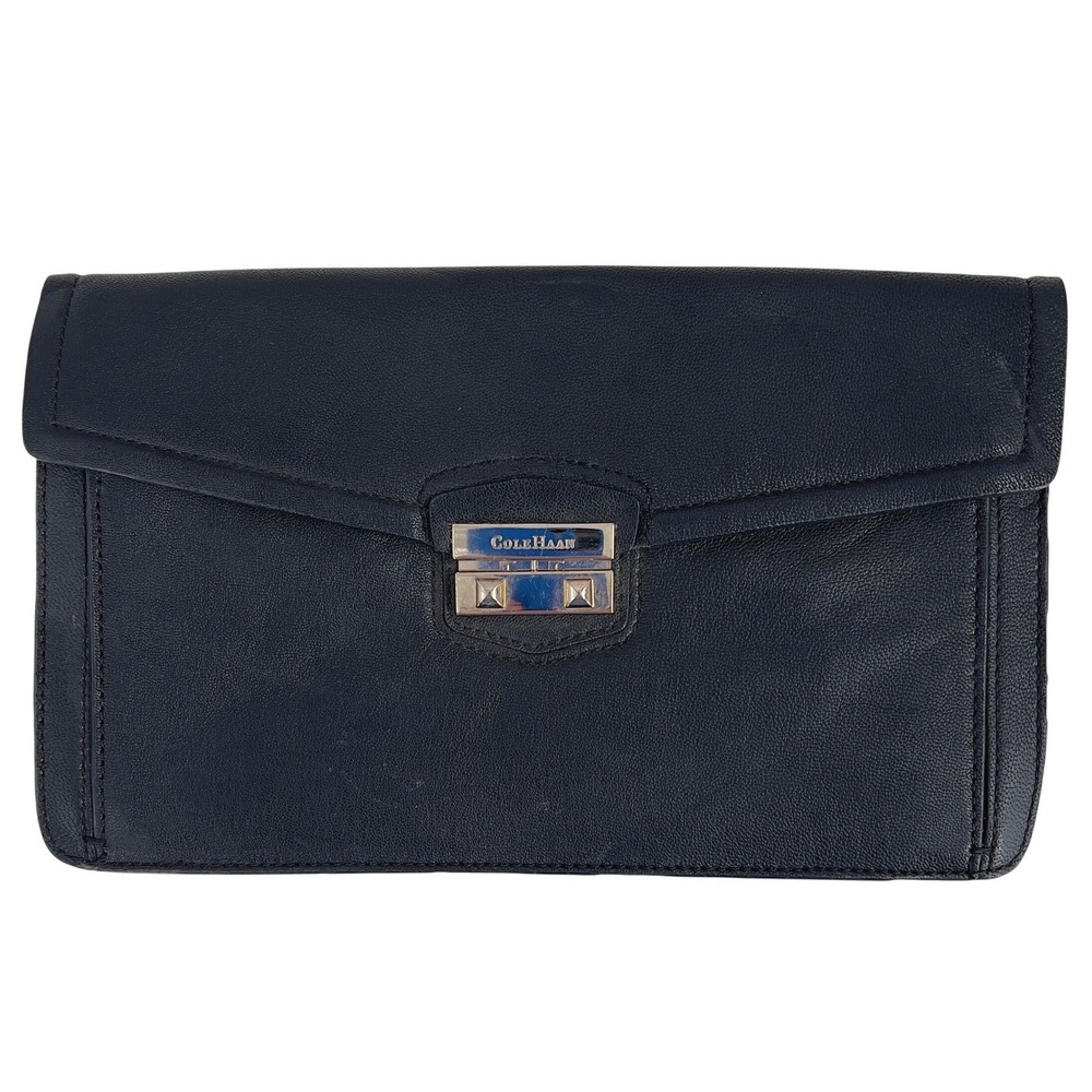 Cole Haan Vintage‎ 1980s Womens Leather Clutch Black Gold Turn Lock Pink Lining